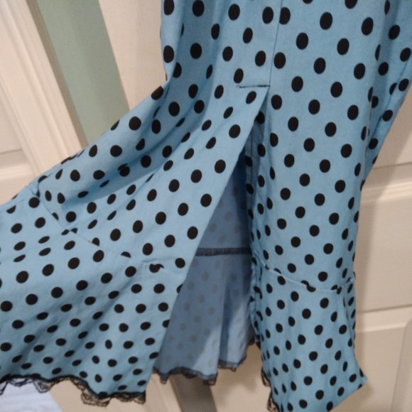 Switchblade Stiletto Pinup Retro Stretch Blue dot rockabilly wiggle ruffle Dress - Picture 4 of 6